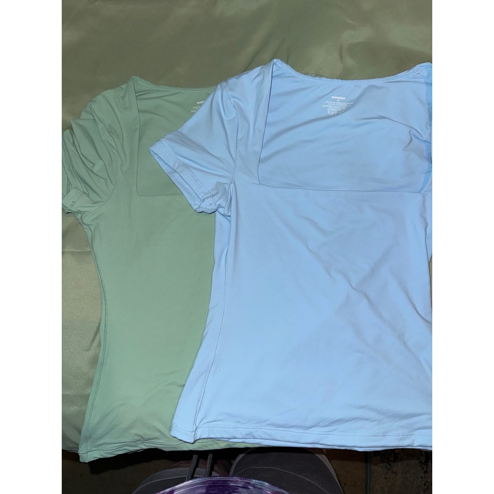 SUUKSESS 2 Pack Square Neck Short Sleeve Tops Blue Green Slim Fit XS Athletic